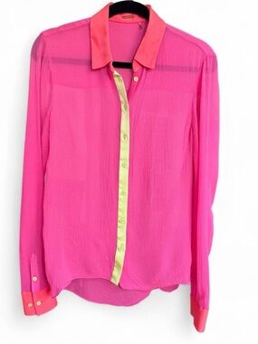 Elie Tahari Womens Silk Colorblock Button Down Blouse Size S Petite Fuchsia Pink